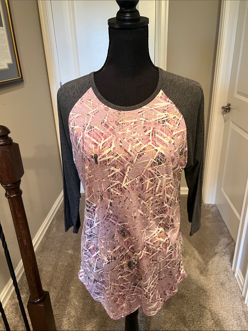LuLaRoe Pink Abstract Raglan with Charcoal Sleeves